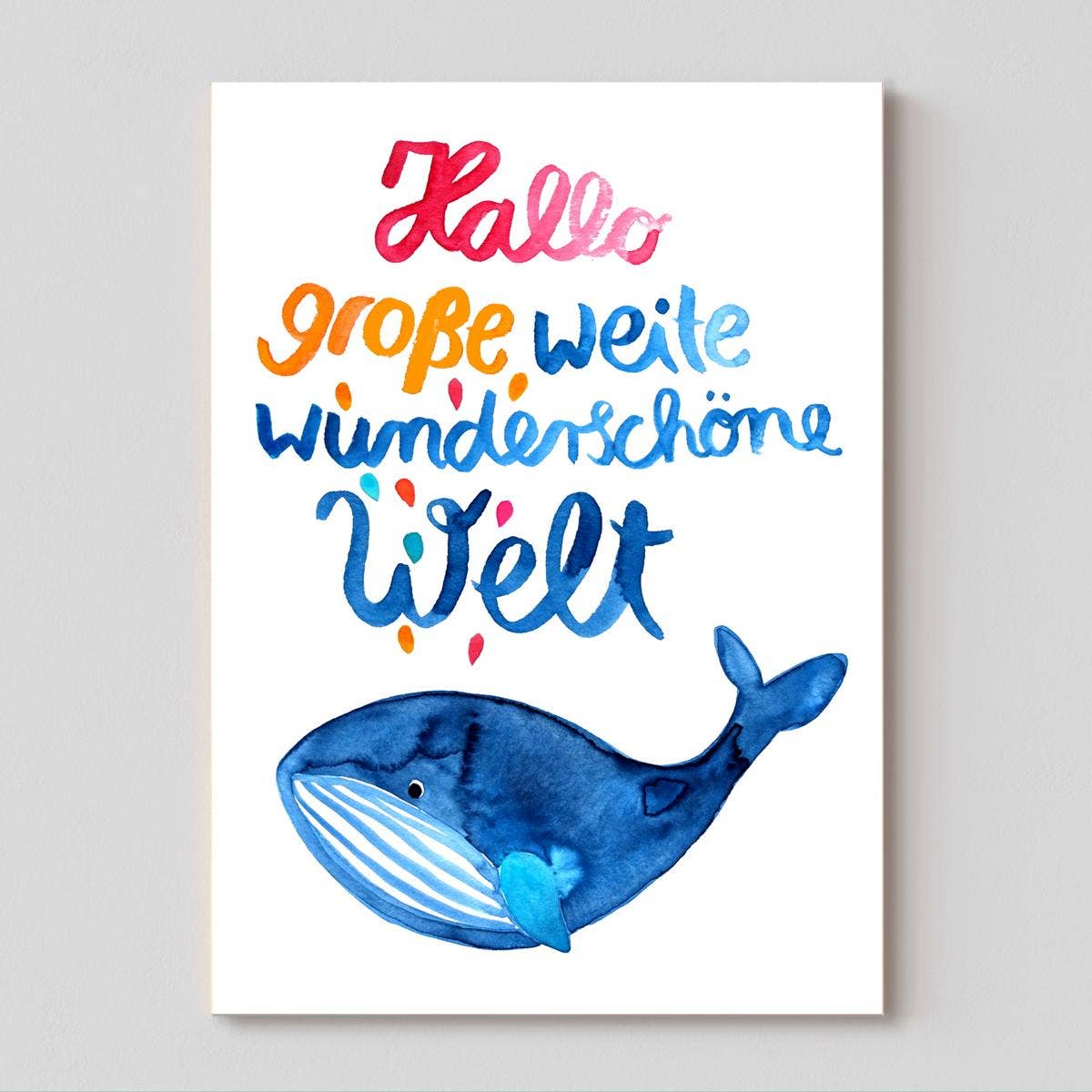 Postkarte zur Geburt "Hallo Welt" mit Wal-Motiv von Frau Ottilie