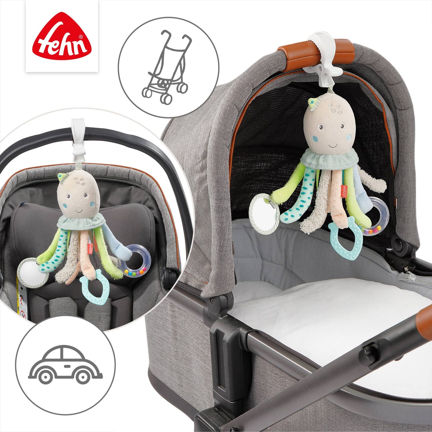 Activitiy Spielzeug "Oktopus" von Fehn - mit Glöckchen, Rassel, Spiegel und Mehr