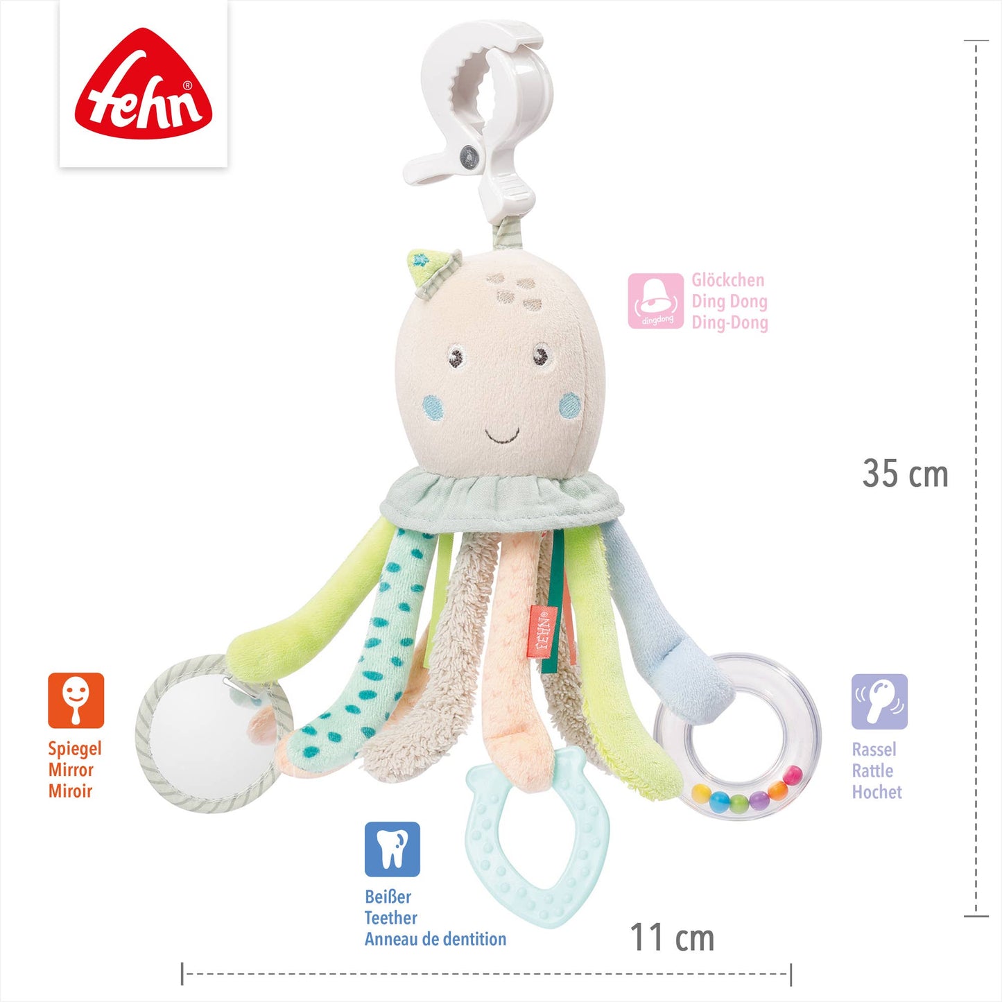 Activitiy Spielzeug "Oktopus" von Fehn - mit Glöckchen, Rassel, Spiegel und Mehr
