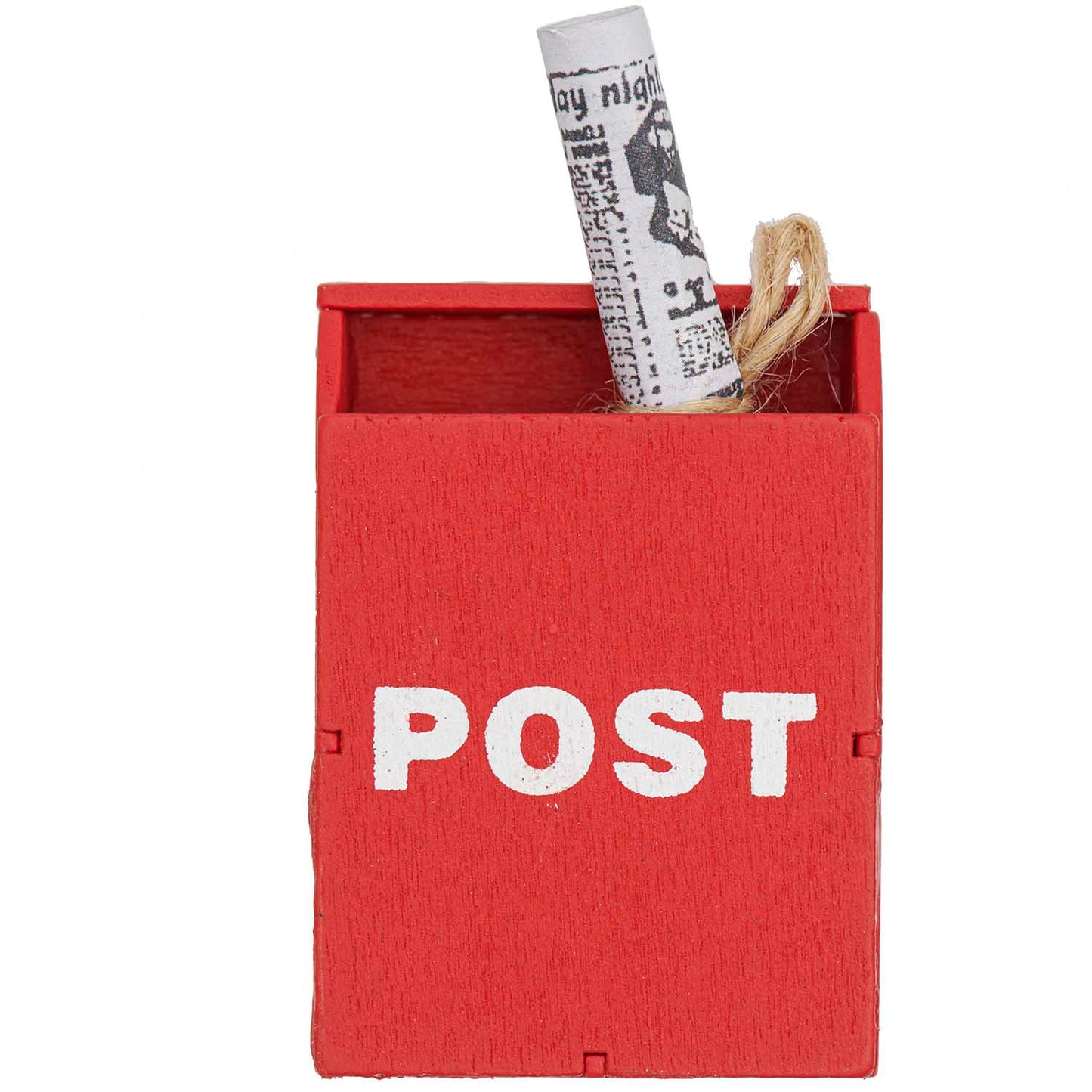 Roter Miniatur Briefkasten mit Zeitung als Zubehör für die Wichtelwelt