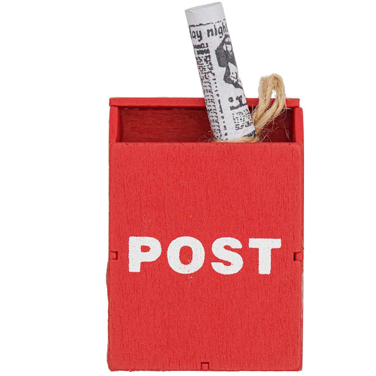 Roter Miniatur Briefkasten mit Zeitung als Zubehör für die Wichtelwelt