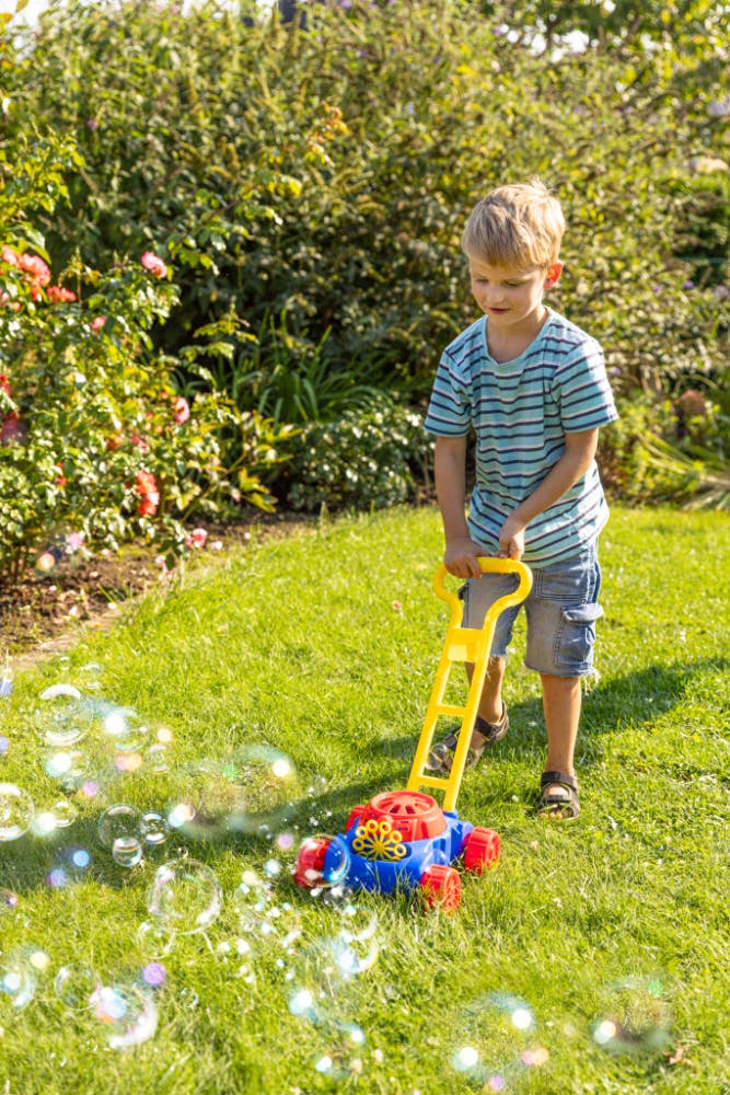 Blauer Seifenblasen-Rasenmäher von Pustefix (inkl. Seifenblasenflüssigkeit)