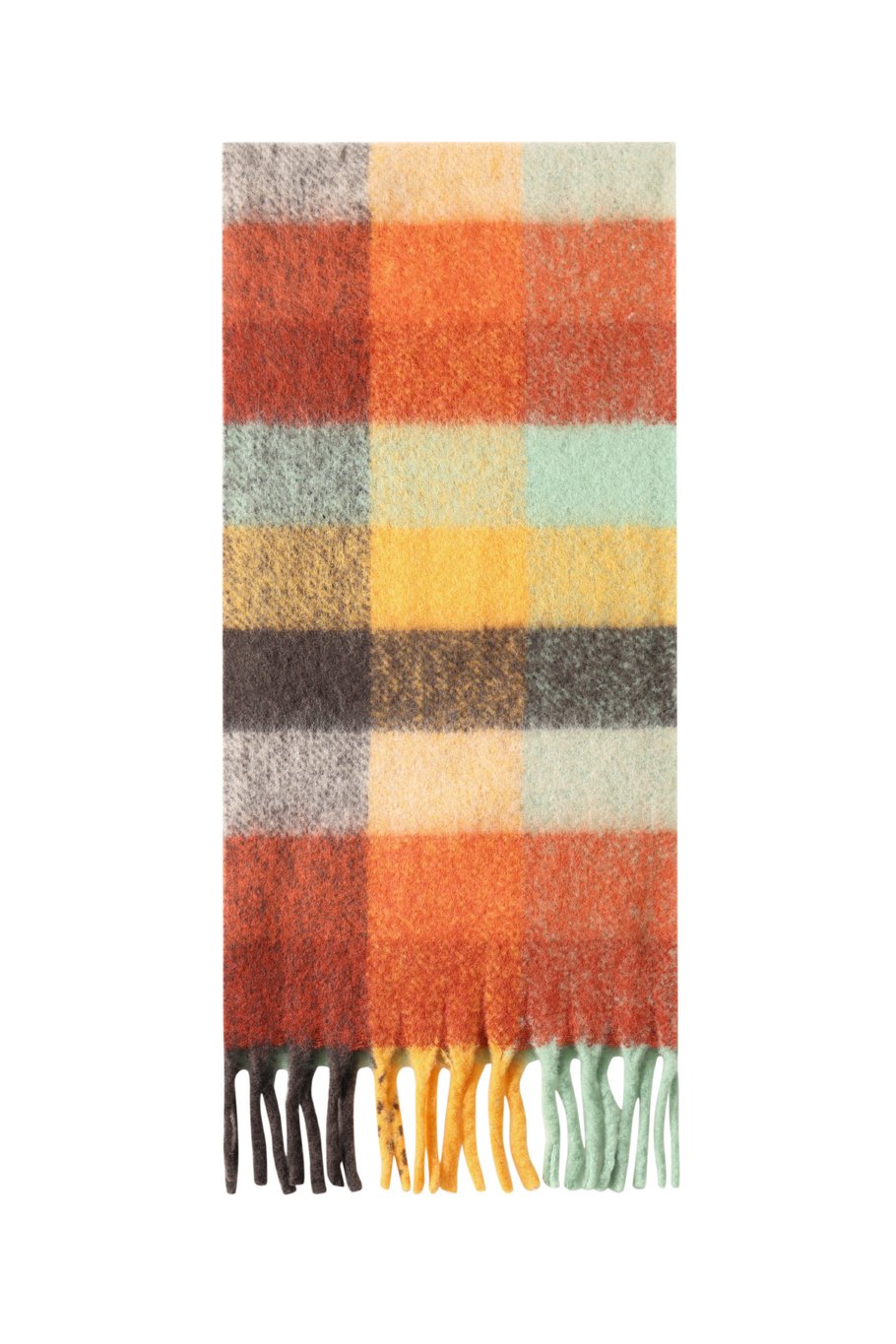 Kuscheliger Schal mit Karomuster in Orange-Tönen mit Fransen, 40x180cm