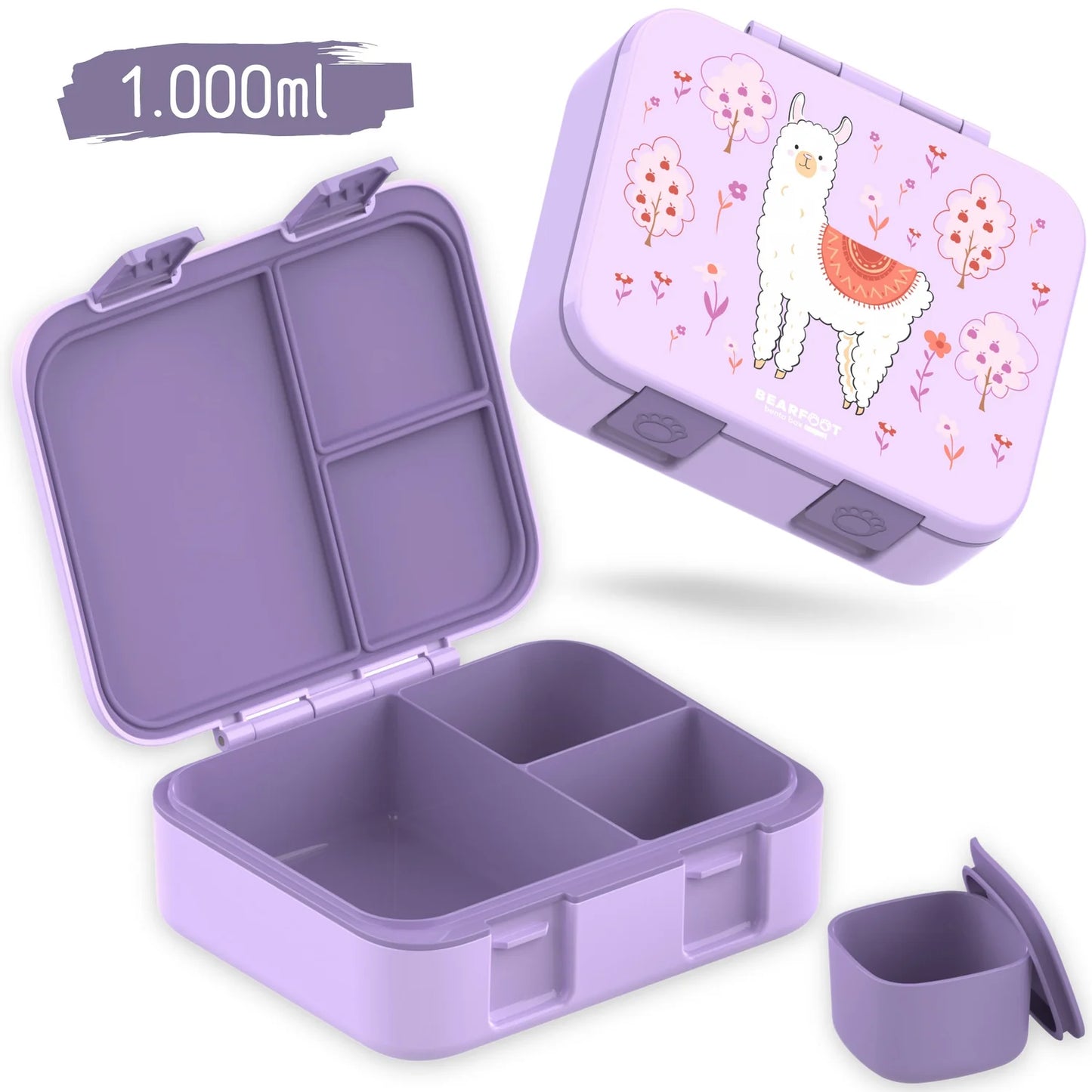 Die Bearfoot Brotdose mit Alpaka/Lama Motiv ist perfekt für Kindergarten und Schule geeignet. Auslaufsicher, mit getrennten Fächern und leicht.