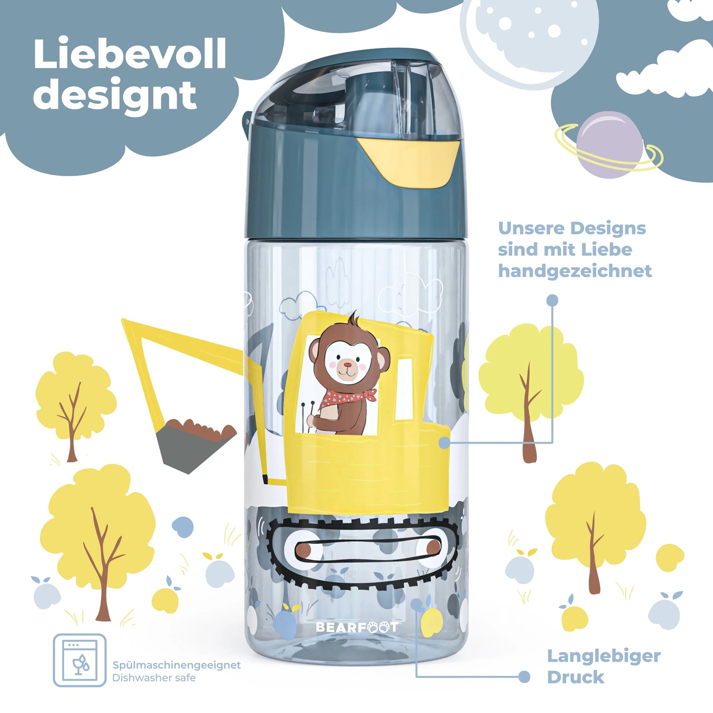 Auslaufsichere Trinkflasche mit Bagger-Motiv für Kinder