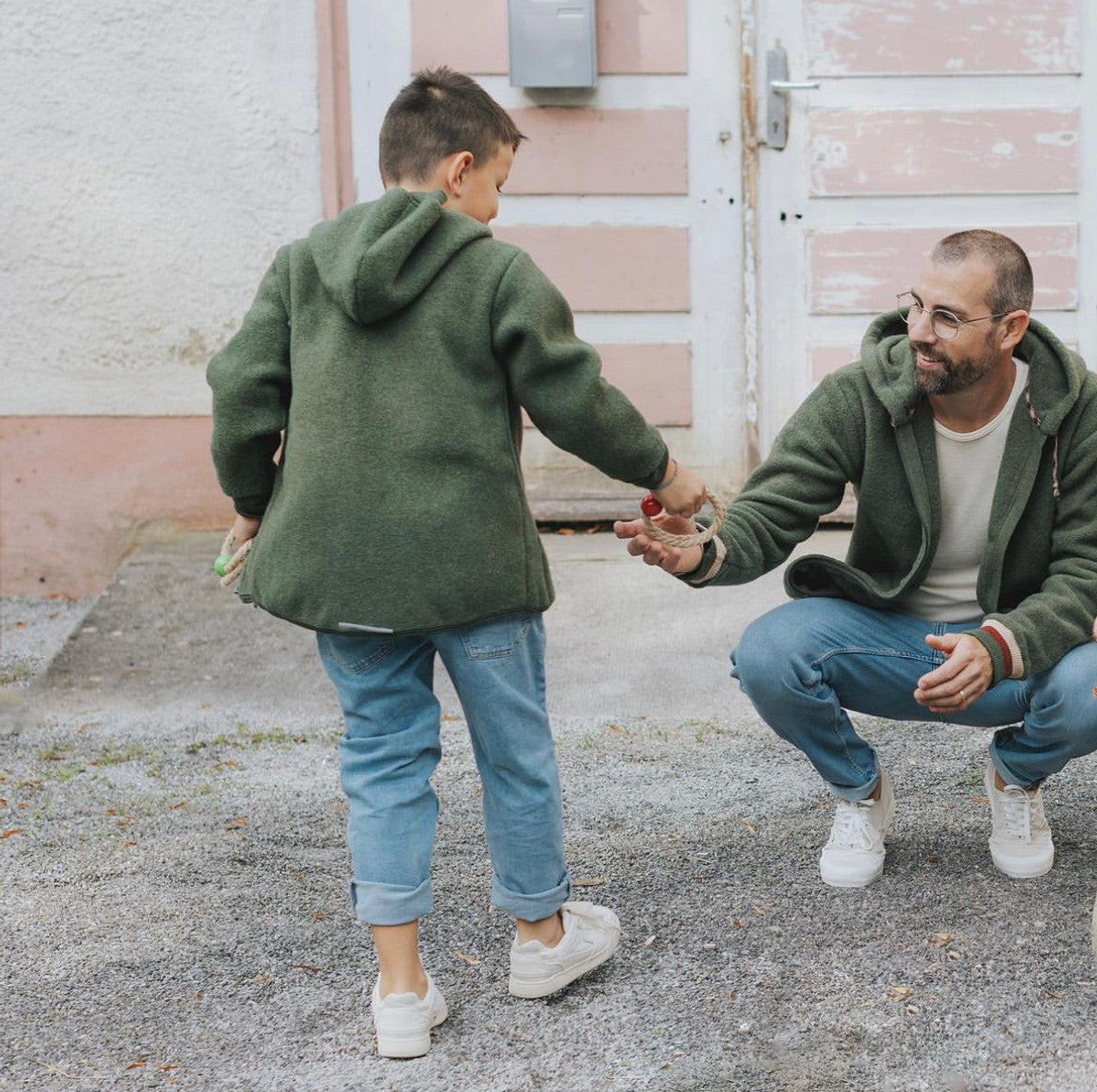 Dark green children's hooded jacket "Reed Melange" made of thick wool fleece