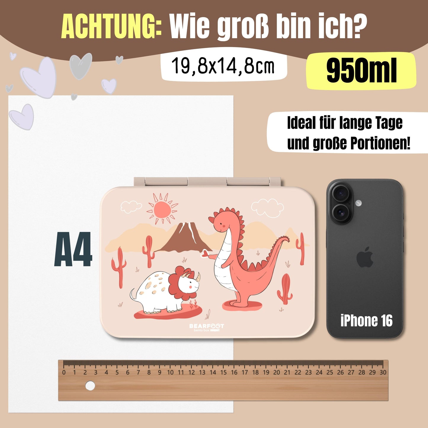 Brotdose mit "Dinosaurier" Motiv mit Fächern, leicht & auslaufsicher, 950ml