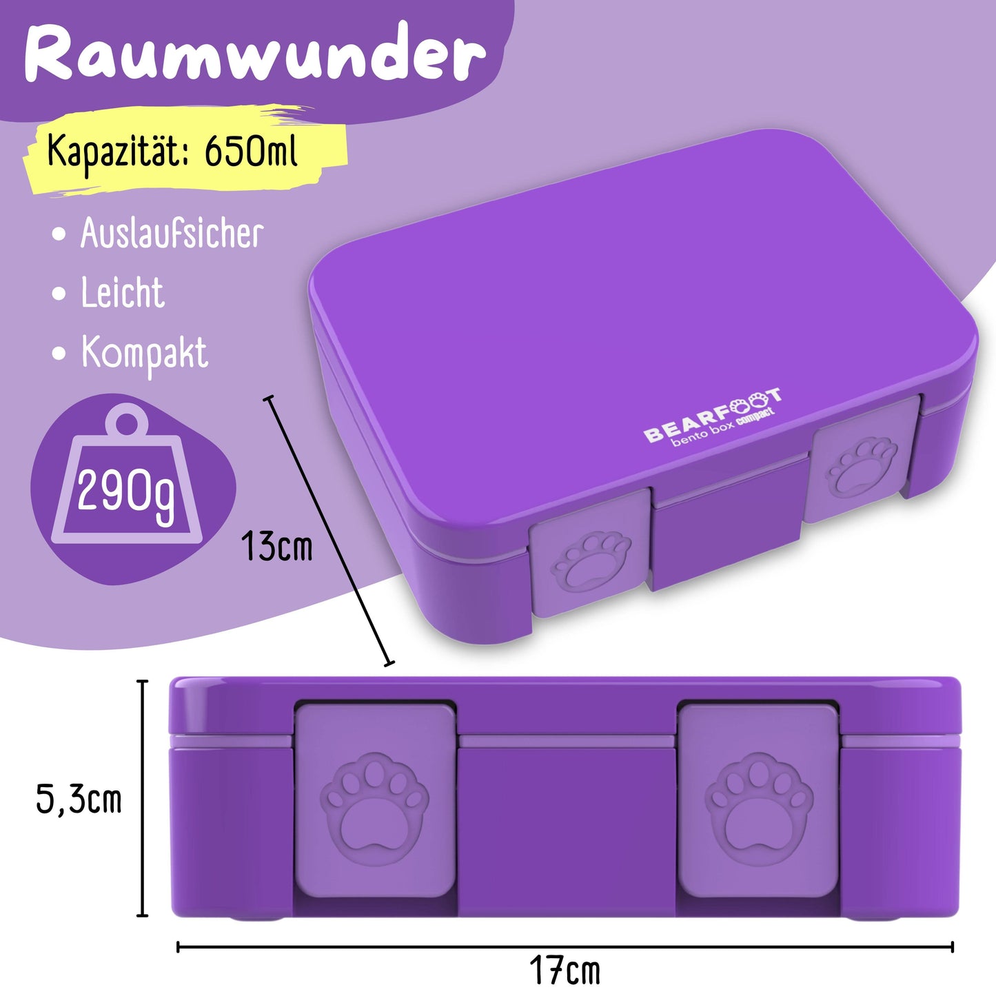 Lila Brotdose mit Fächern, leicht & auslaufsicher, 650ml