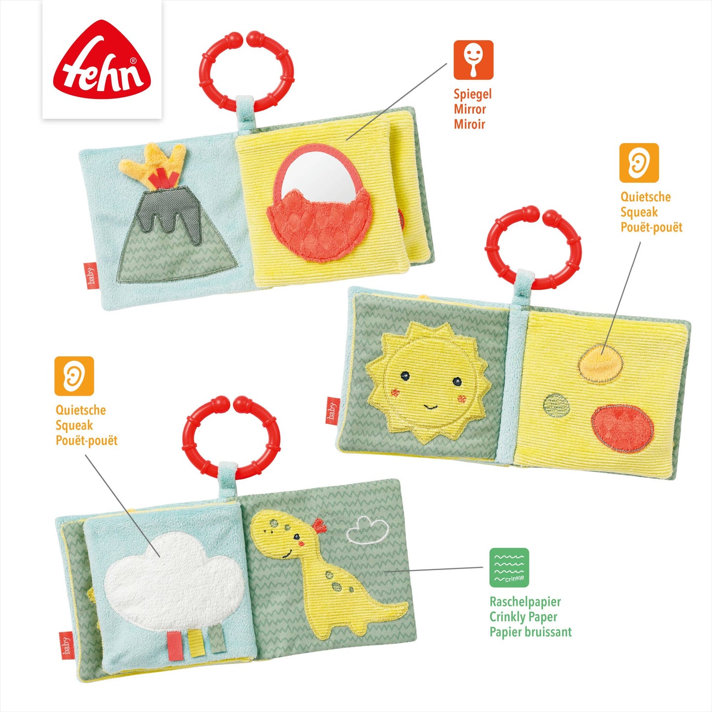 Stoffbuch "Happy Dino" mit Dinosaurier-Motiv von Fehn