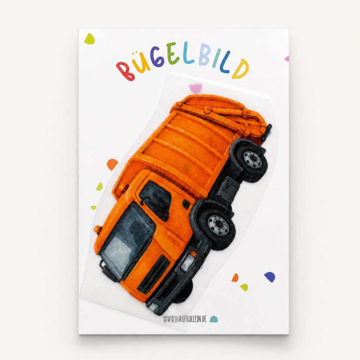 Bügelbild "Müllauto" zum Aufbügeln (A6) – Fahrzeug-Aufbügelmotiv für Kinderkleidung von Burgfrollein