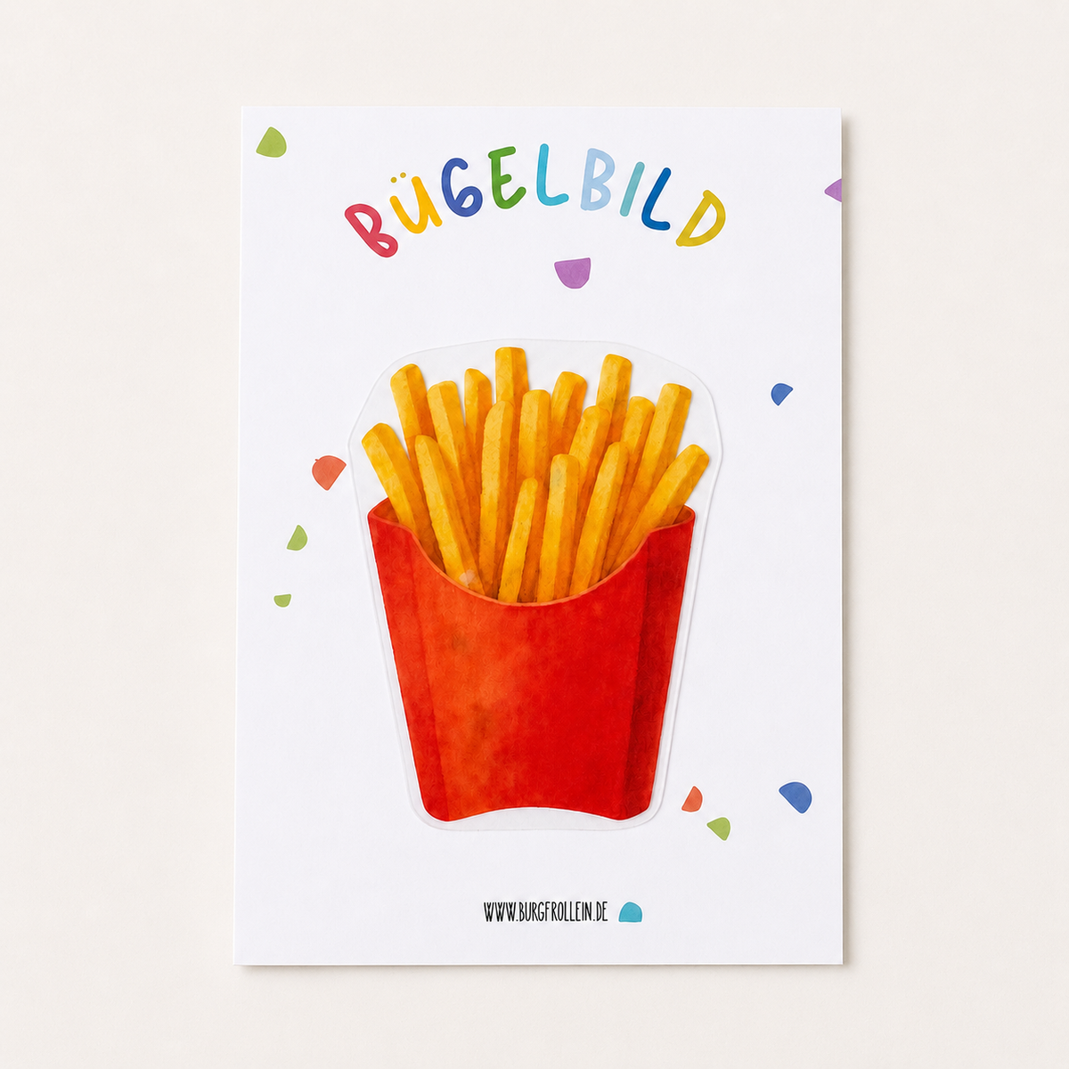 Bügelbild „Pommes/Fritten" (A6) im Aquarellstil zum Aufbügeln auf Shirts, Beutel oder Taschen – witziges Geschenk für kleine Fritten-Fans zum Kindergeburtstag