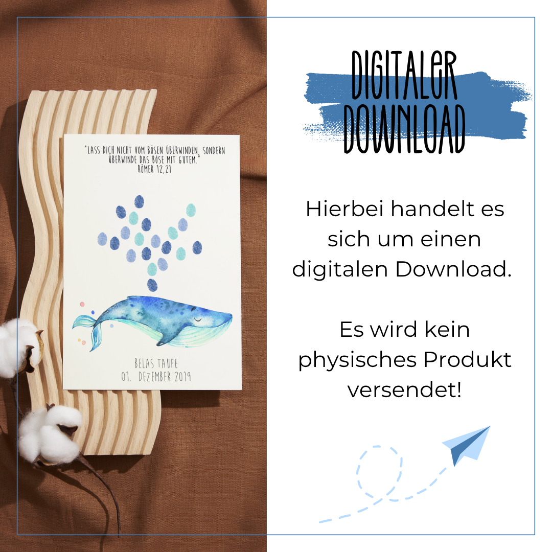 Digitaler Download – Canva-Vorlage für personalisiertes Gästebuch zur Taufe mit Wal-Motiv und Fingerabdruck-Fontäne bei Burgfrollein