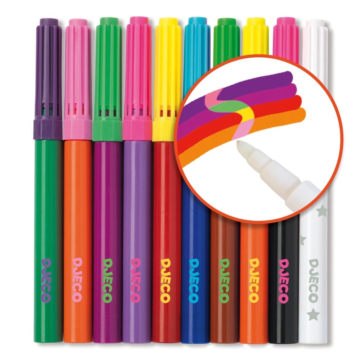 Detailansicht der zehn magischen Djeco Filzstifte mit Magic-Stift, der Farbe verändert, in bunten Farben für Kinder, auswaschbar bei Burgfrollein