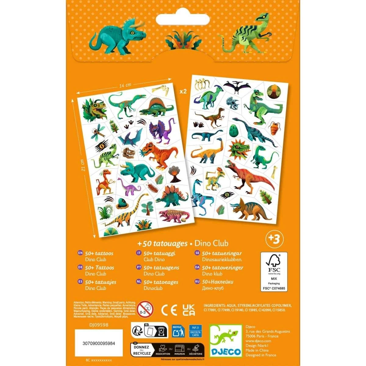 Djeco Tattoos Dinosaurier Dino Club für Kinder Verpackung Rückseite mit über 50 Motiven und zwei Tattoo-Bögen ab 3 Jahren bei Burgfrollein