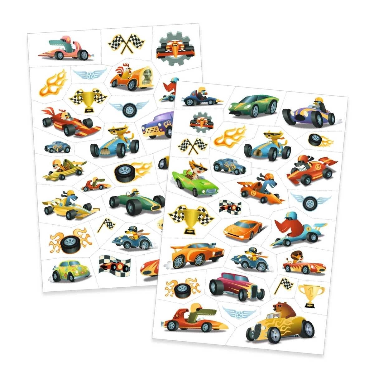Djeco Tattoos für Kinder mit Rennauto-Motiven, Pokalen und Rennfahrern auf zwei Tattoo-Bögen bei Burgfrollein