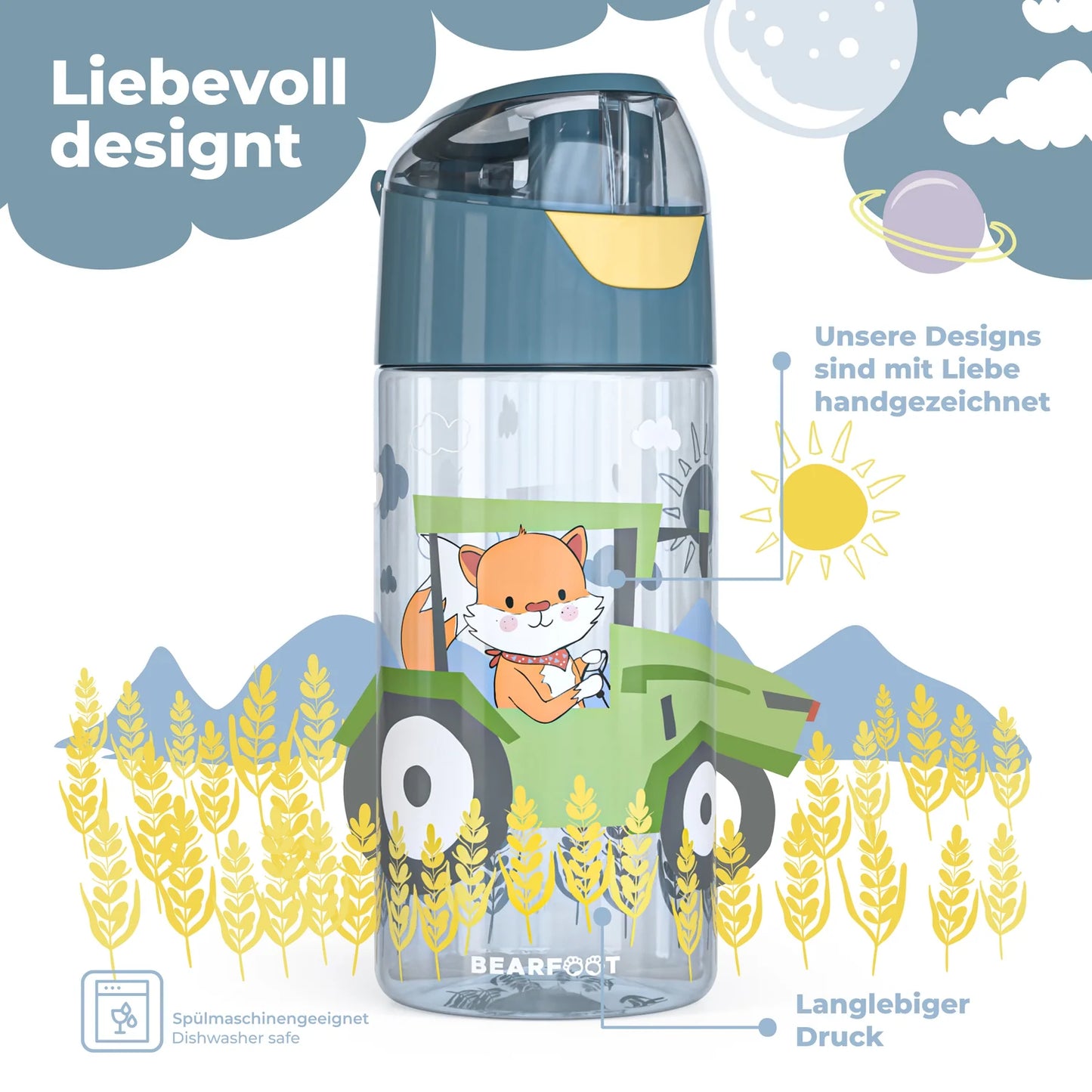 Auslaufsichere Trinkflasche mit Traktor-Motiv für Kinder