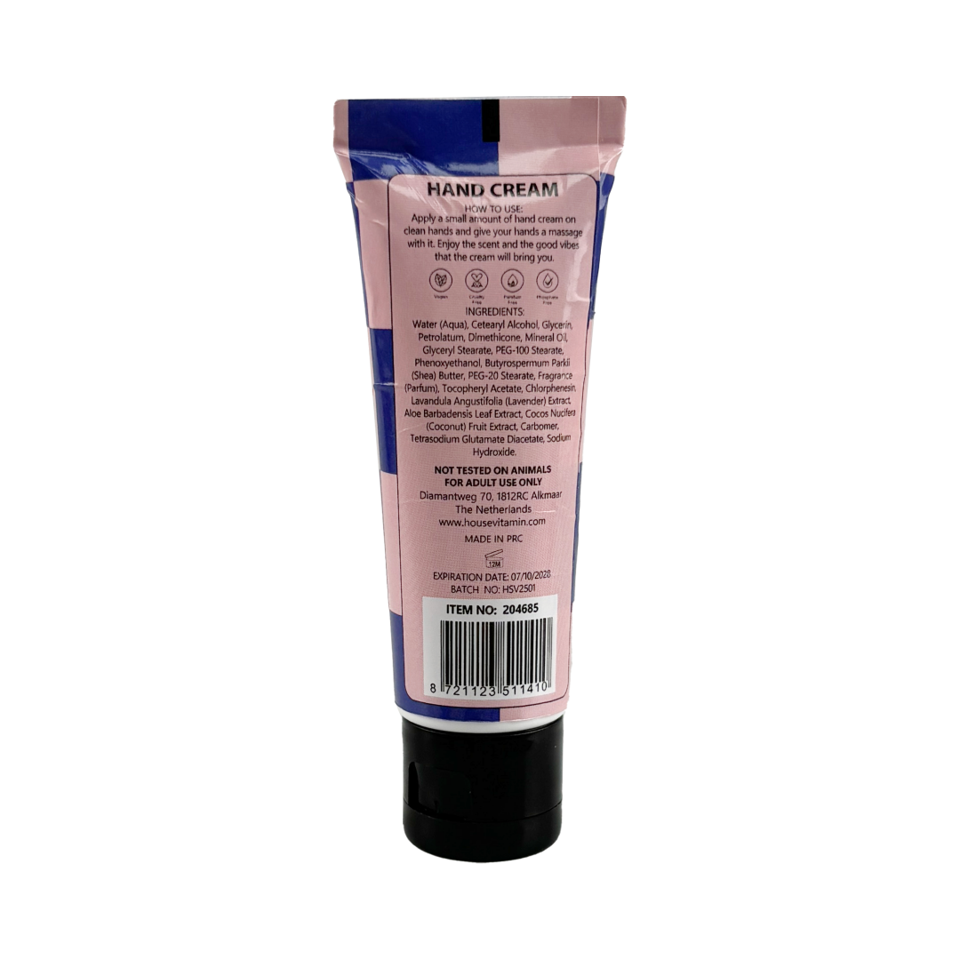 Kleine Tube Handcreme „Zitrone/Bergamotte" von House Vitamin, 30 ml, Rückseite mit Ingredients-Liste, Anwendungshinweisen und Barcode, freigestellt vor weißem Hintergrund – transparente Produktinformation der frischen Zitrus-Handpflege