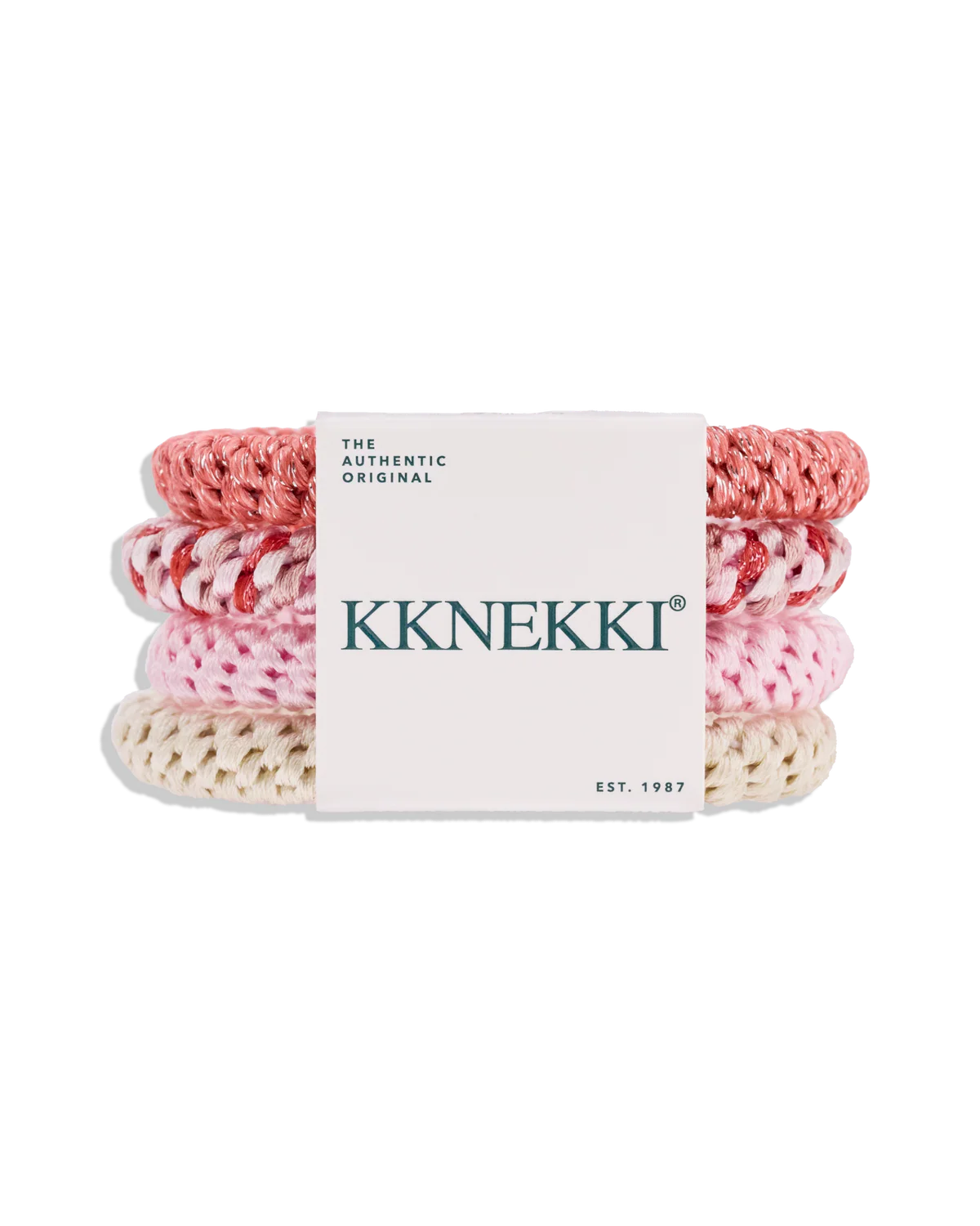 Kknekki Haargummis 4er-Set Bundle 62 in Altrosa mit Glitzer, Rosa-Weiß-Marmor, Rosa und Creme – knitterfreie Original Haargummis von Kknekki bei Burgfrollein
