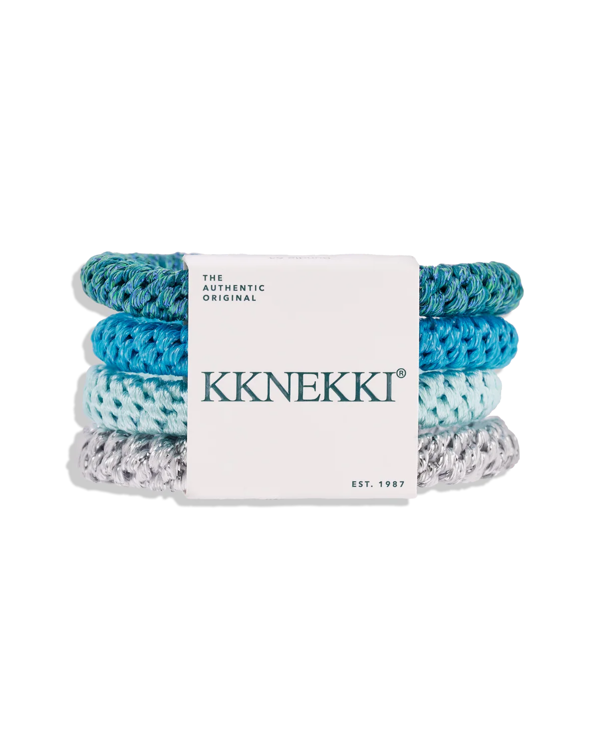 Kknekki Haargummis 4er-Set Bundle 64 in Petrol, Mittelblau, Hellblau und Silber-Weiß – knitterfreie Original Haargummis von Kknekki bei Burgfrollein