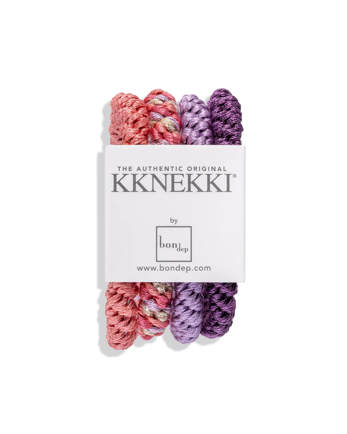 Kknekki Haargummis 4er-Set in Koralle, Rosa, Lila und Violett mit Gold-Glitzer – knitterfreie Original Haargummis von Kknekki by Bon Dep bei Burgfrollein
