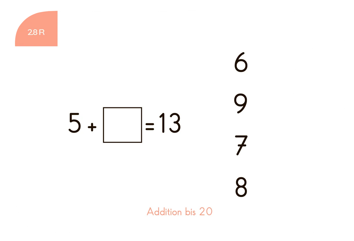 Beispielkarte "5+_=13" aus dem Kartensatz "Addition bis 20" für den Lochkasten – Plusrechnen für die 1. Klasse vom Kölner Lernspielverlag