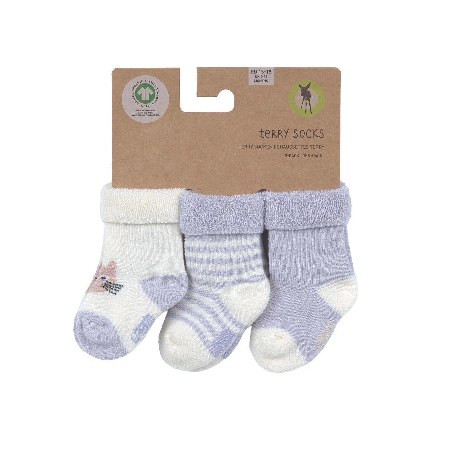 Lila Babysocken „Katze" von Lässig im 3er Set mit Originalverpackung – weiche Terry-Erstlingssöckchen aus Bio-Baumwolle für Babys