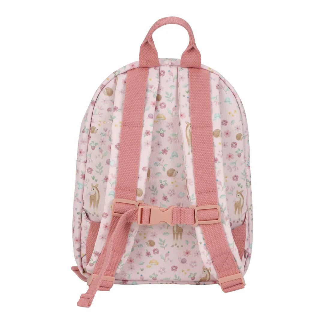Little Dutch Kinderrucksack aus der Fairy Garden Kollektion in Rosa – Rückansicht mit gepolsterten Trägern und Brustgurt, ideal für Kindergarten und Kita