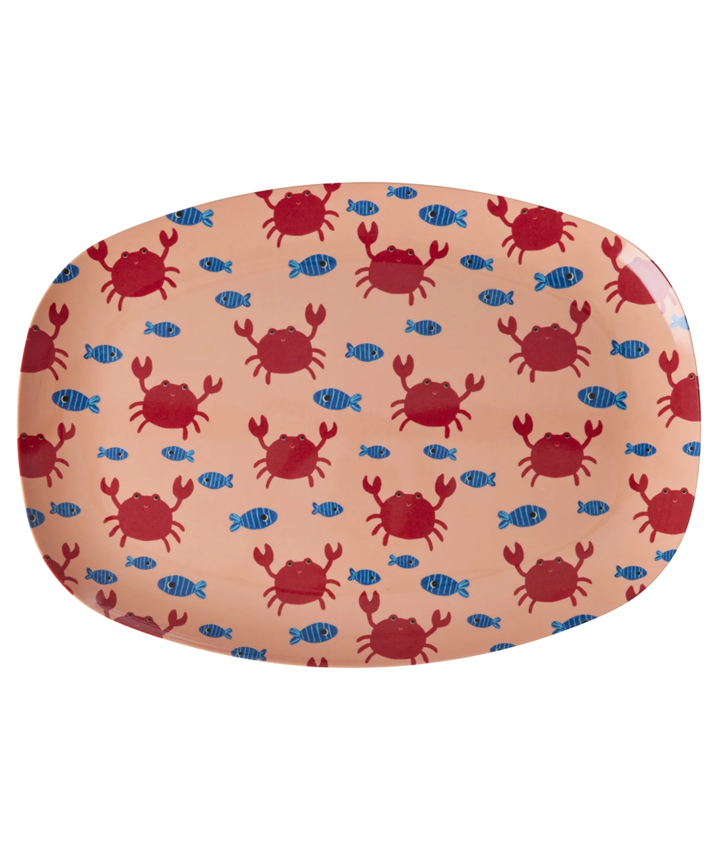 Großer Teller „Crab" mit Krabben-Motiv von Rice by Rice – ovaler Melamin-Teller mit roten Krabben und blauen Fischen