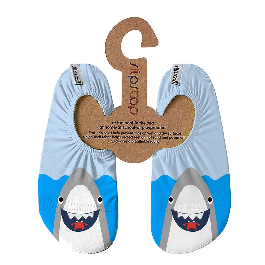 Slipstop Anti-Rutsch-Schuhe mit Hai-Motiv – hellblaue Schwimmschuhe mit lachendem Hai-Print, ideal für Schwimmbad, Strand und rutschige Fliesen