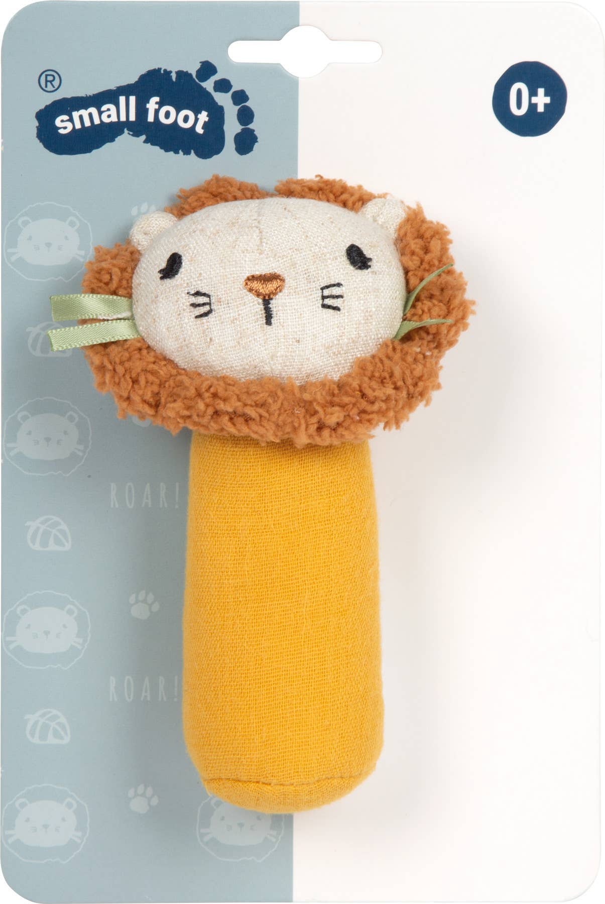 Kleine Rassel und Stoffgreifling „Little Lion" von Small Foot mit gesticktem Löwenkopf, flauschiger Mähne und senfgelbem Griff in Originalverpackung – weiches Greifspielzeug für Babys ab 0 Monaten