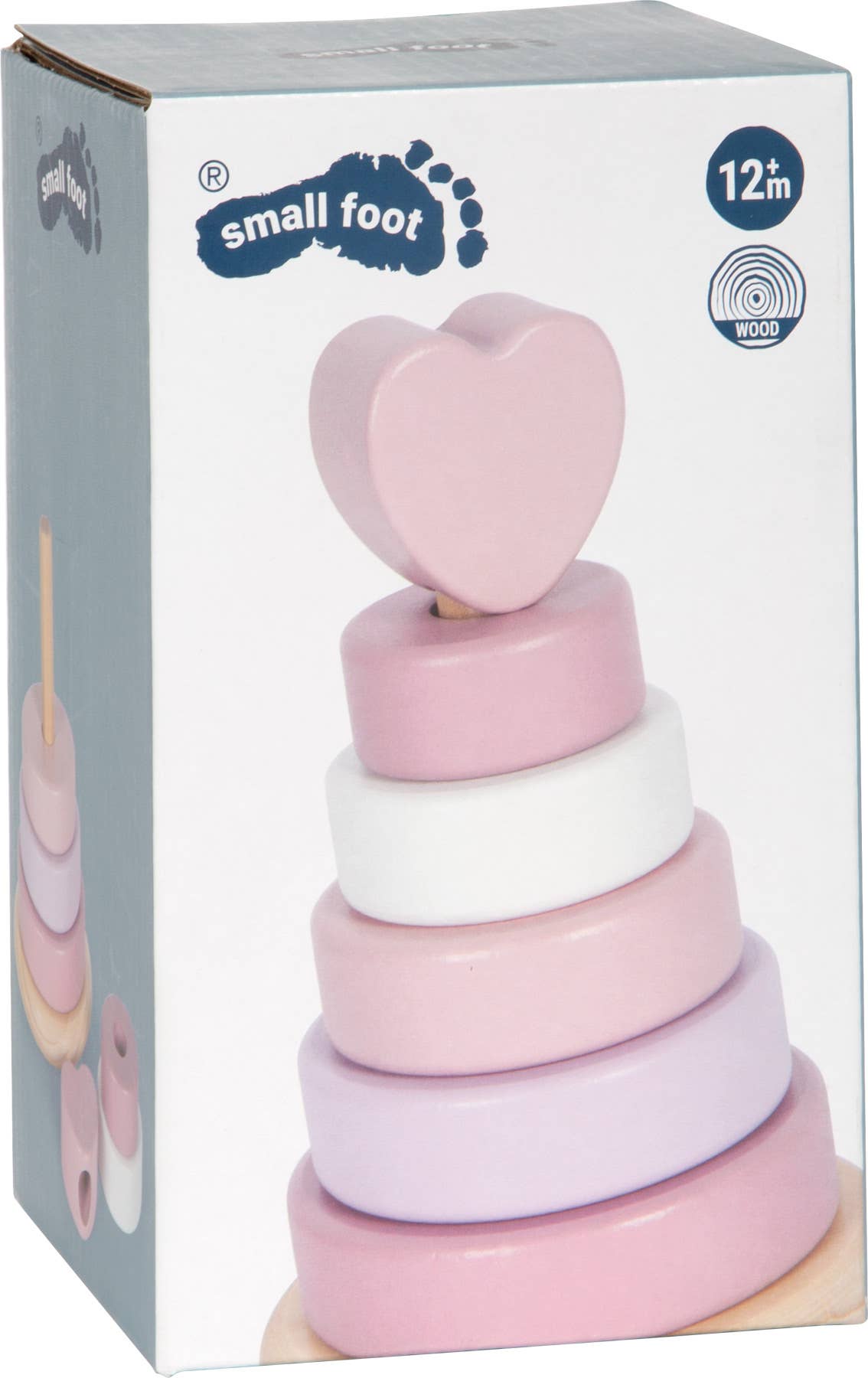 Verpackung des rosa Stapelturms aus Holz von Small Foot mit abgebildetem Stapelturm in Rosa-, Weiß- und Lilatönen samt Herz-Topper – nachhaltiges Holzspielzeug ab 12 Monaten zur Förderung der Feinmotorik