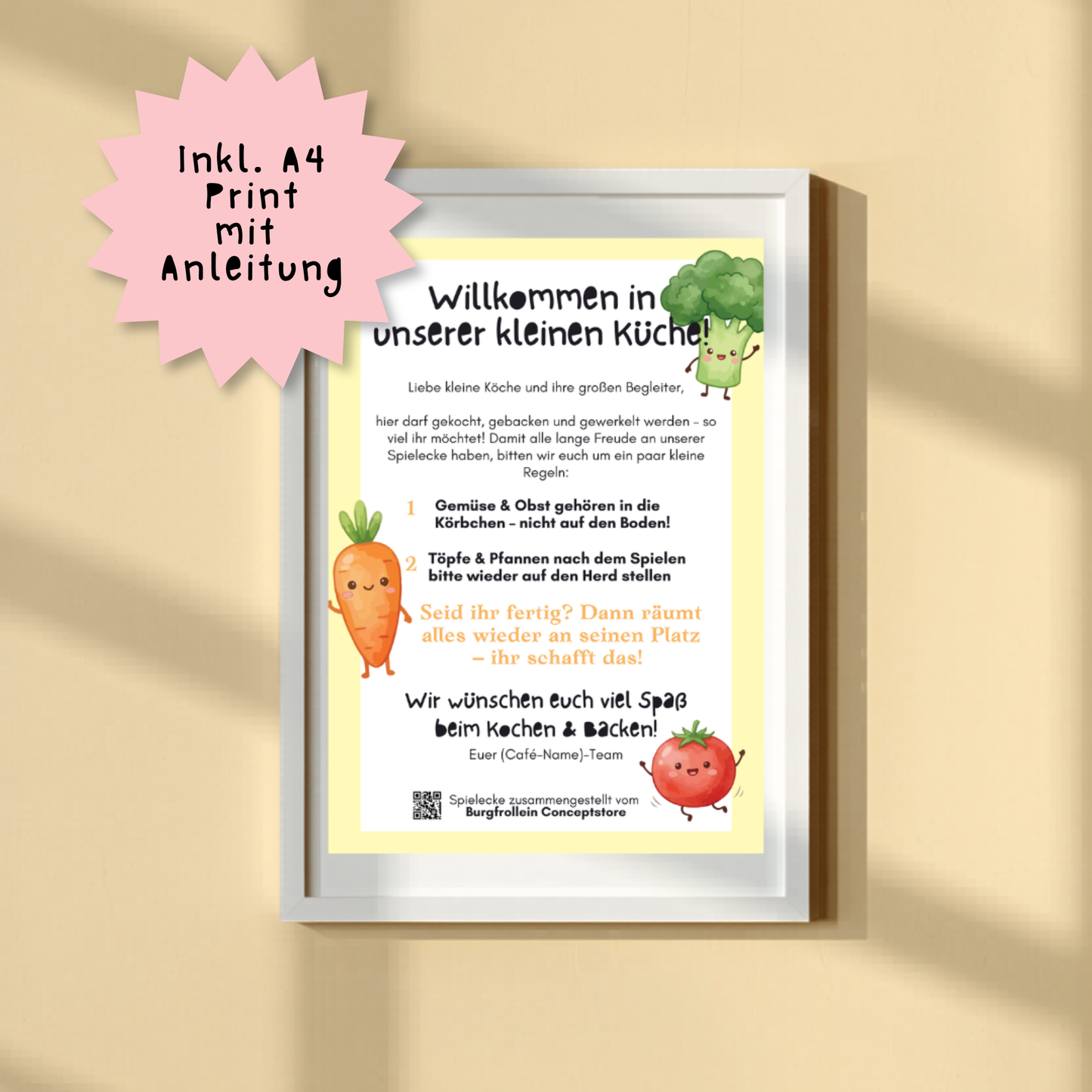 A4 Print mit Anleitung und Spielregeln für die Burgfrollein Spielecke Spielküche in Cafés und Restaurants bei Burgfrollein