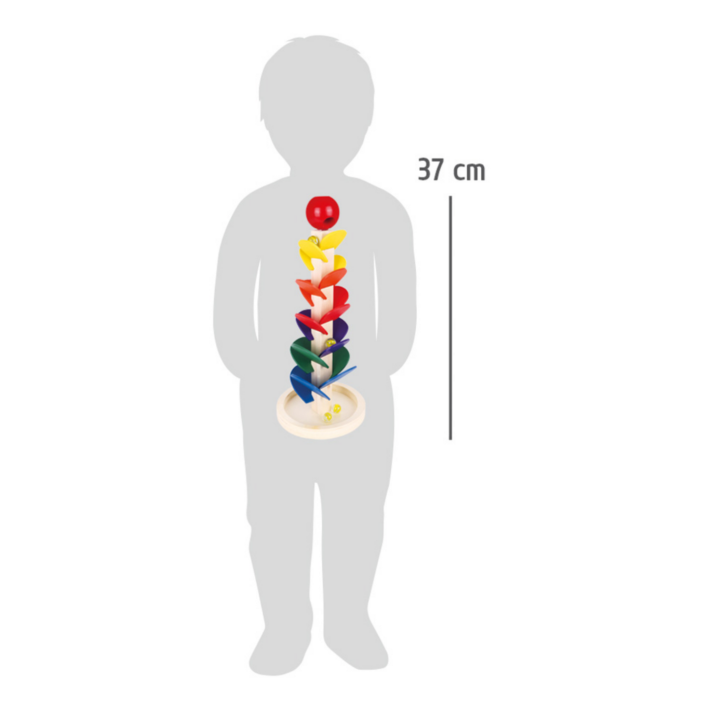 Größenvergleich Klang-Murmelbahn Regenbogen von Small Foot – 37 cm hohes Montessori Holzspielzeug für Kinder