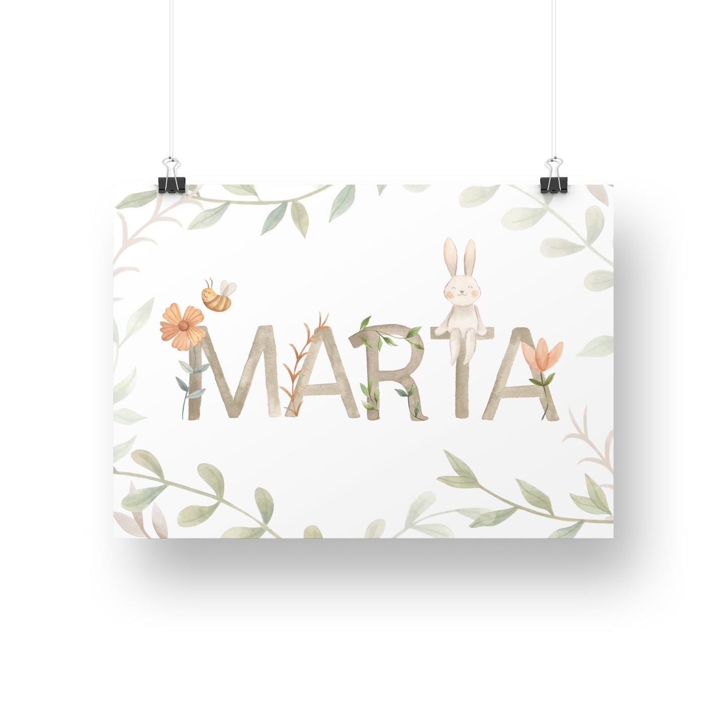 Personalisiertes Namensposter fürs Kinderzimmer mit Name Marta in beiger Aquarellschrift, Häschen, Biene und Blumen – individuelle Geschenkidee zur Geburt von Burgfrollein
