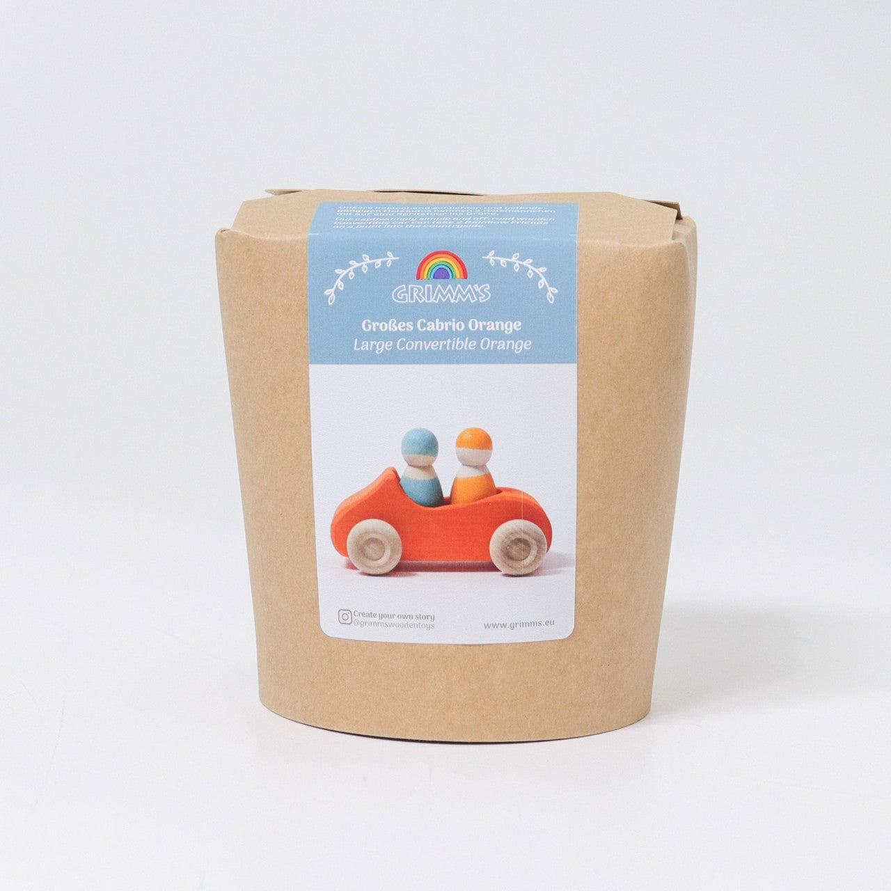 Großes oranges Cabrio von Grimm´s - Holzauto mit zwei Holzmännchen