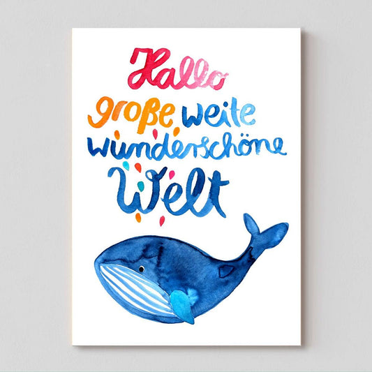 Postkarte zur Geburt "Hallo Welt" mit Wal-Motiv von Frau Ottilie