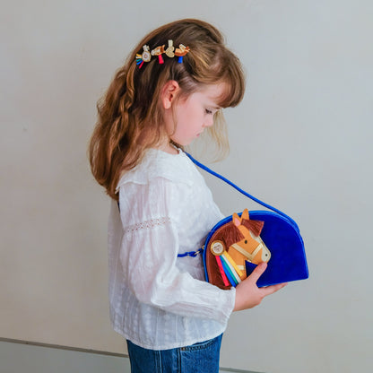 Kinder-Umhängetasche mit Pony aus blauem Samt von Mimi & Lula – Geschenkidee zur Einschulung