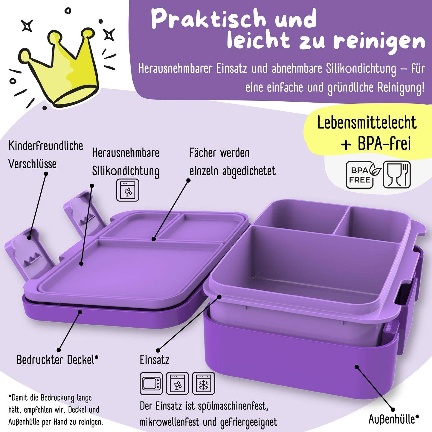 Lila Brotdose mit Fächern, leicht & auslaufsicher, 650ml