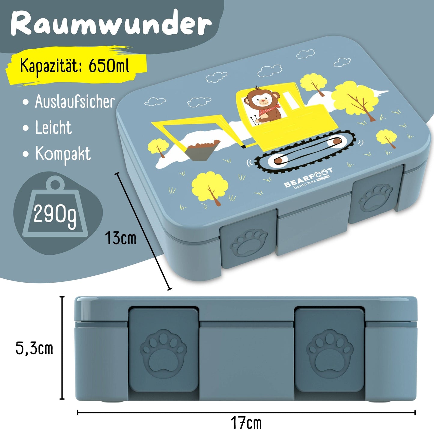 Brotdose mit "Bagger"-Motiv mit Fächern, leicht & auslaufsicher, 650ml