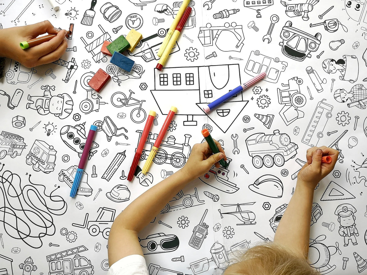 Ausmaltischdecke "Fahrzeuge & Baustelle" aus Papier zum Ausmalen für Kinder