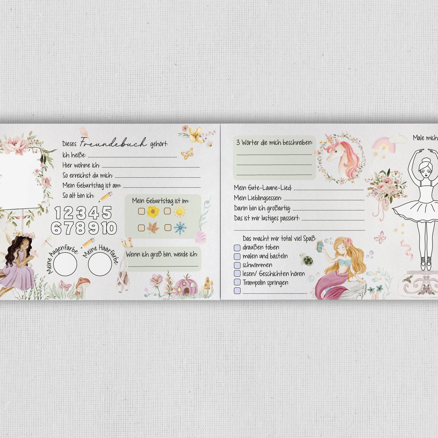 Freundebuch "Mädchentraum"- perfekt als Geschenkidee für alle, die Einhörner, Meerjungfrauen und Feen lieben
