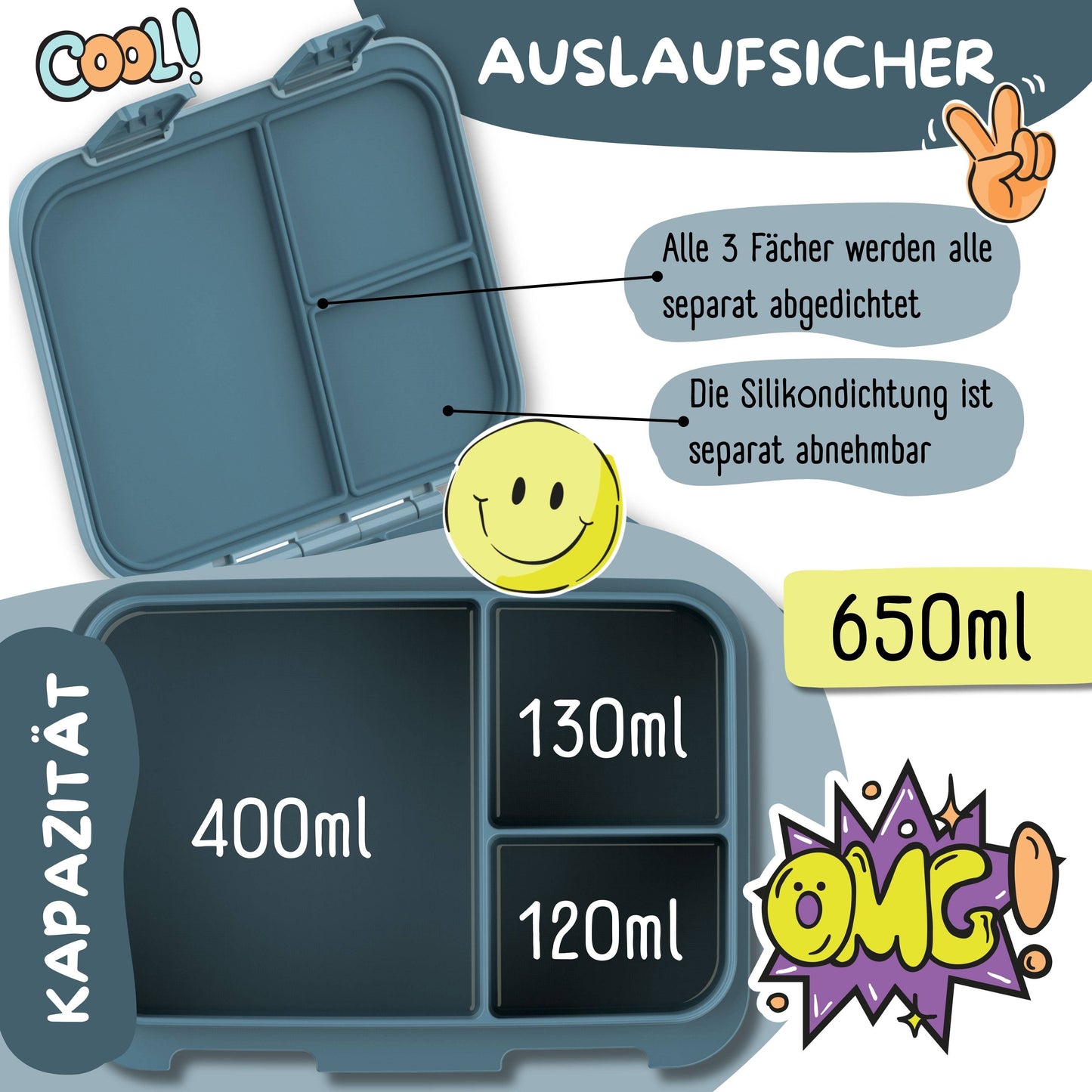 Brotdose mit "Bagger"-Motiv mit Fächern, leicht & auslaufsicher, 650ml