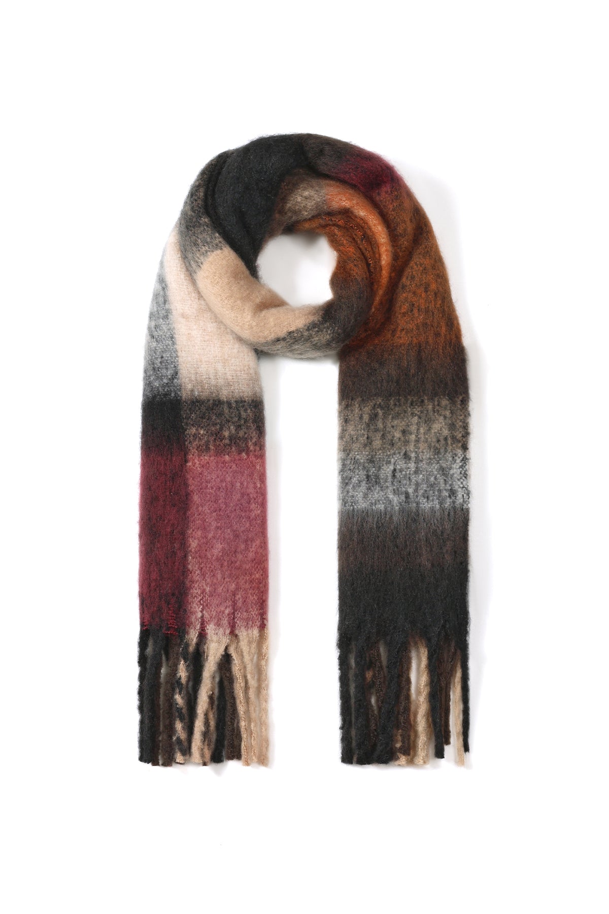 Kuscheliger Schal mit Karomuster in Braun-Rosa mit Fransen, 50x180cm