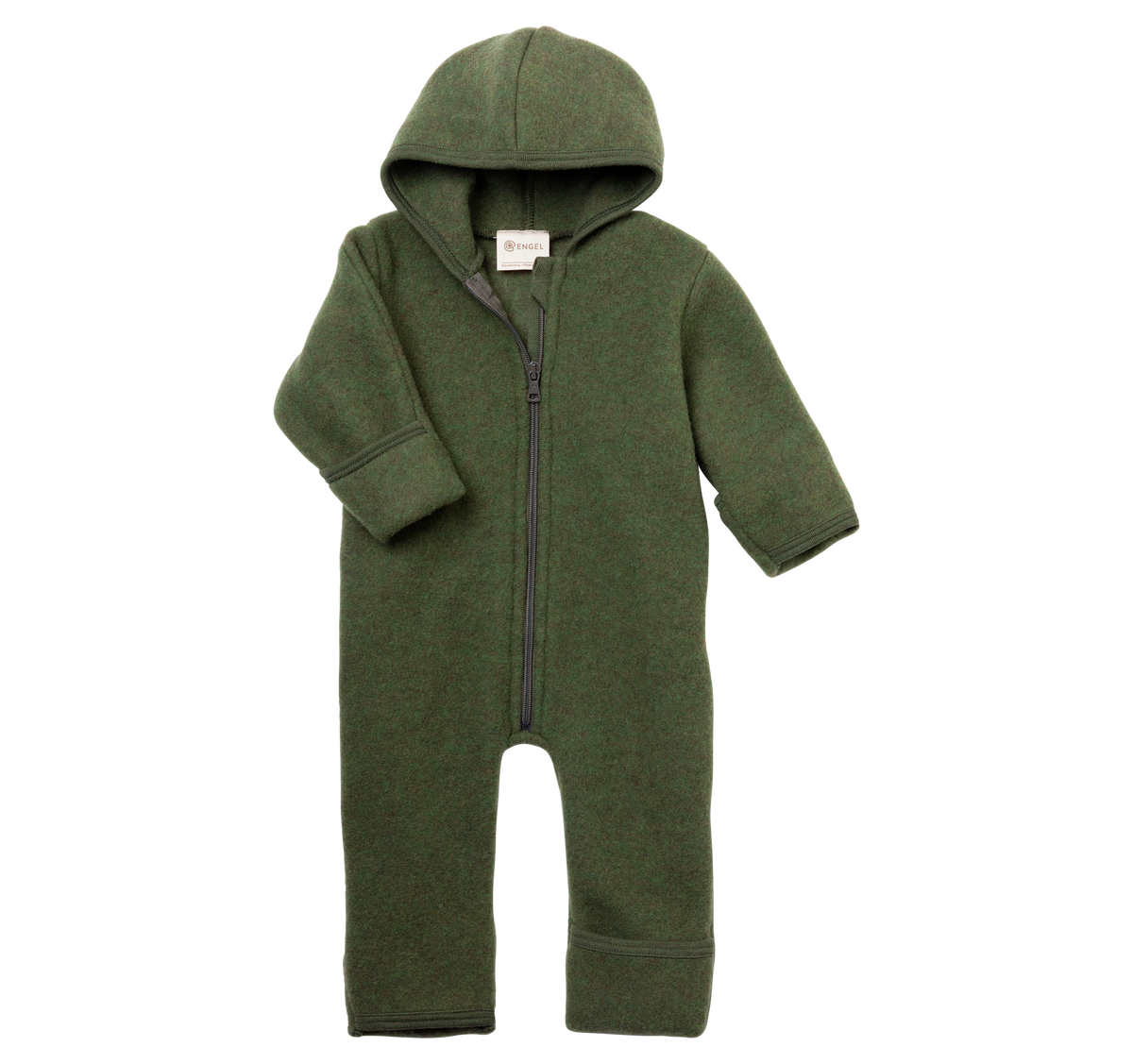 Dunkelgrüner Wollfleece-Kapuzenoverall "Schilf Melange" mit Reißverschluss von Engel