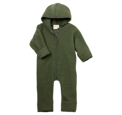 Dunkelgrüner Wollfleece-Kapuzenoverall "Schilf Melange" mit Reißverschluss von Engel