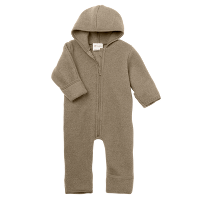 Beiger Wollfleece-Kapuzenoverall "Walnuss Melange" mit Reißverschluss von Engel