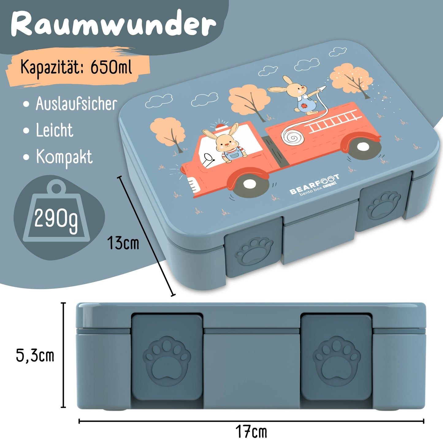 Brotdose mit "Feuerwehr"-Motiv und Fächern, leicht & auslaufsicher, 650ml