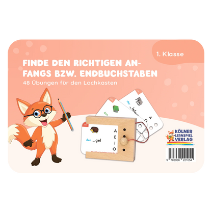 Kartensatz "Finde den Anfangs- und Endbuchstaben" für den Lochkasten (1. Klasse)
