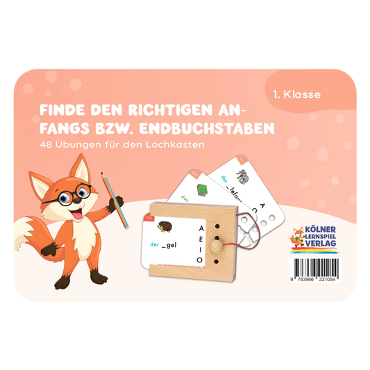 Kartensatz "Finde den Anfangs- und Endbuchstaben" für den Lochkasten (1. Klasse)
