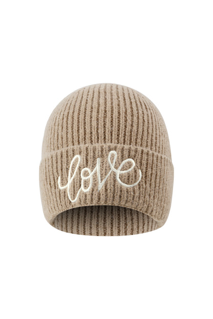 Strickmütze mit "Love"-Stickerei für Frauen, verschiedene Farben – Taupe